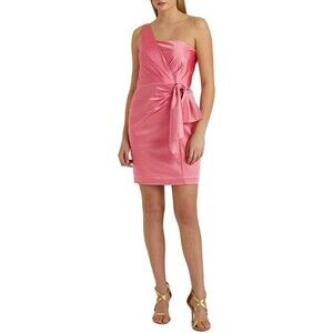 NEW Lauren Ralph‎ Lauren Cocktail Dress Womens 8 Satin Pink One Shoulder Sheath
